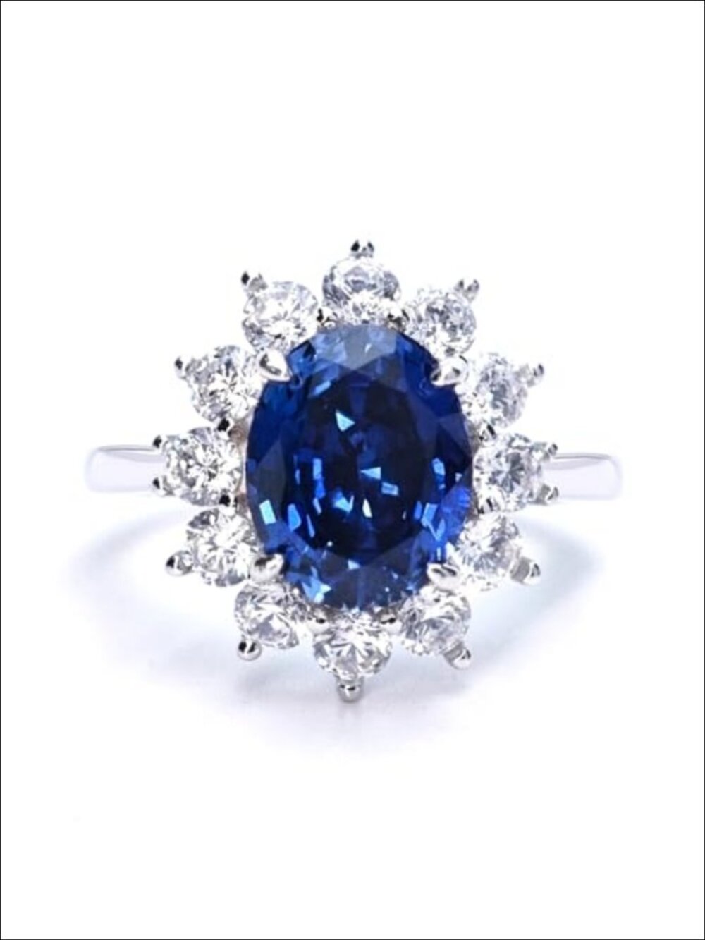 3.7ct Lab Grown Blue Sapphire Halo Ring 18K White Gold Plated 925 Sterling